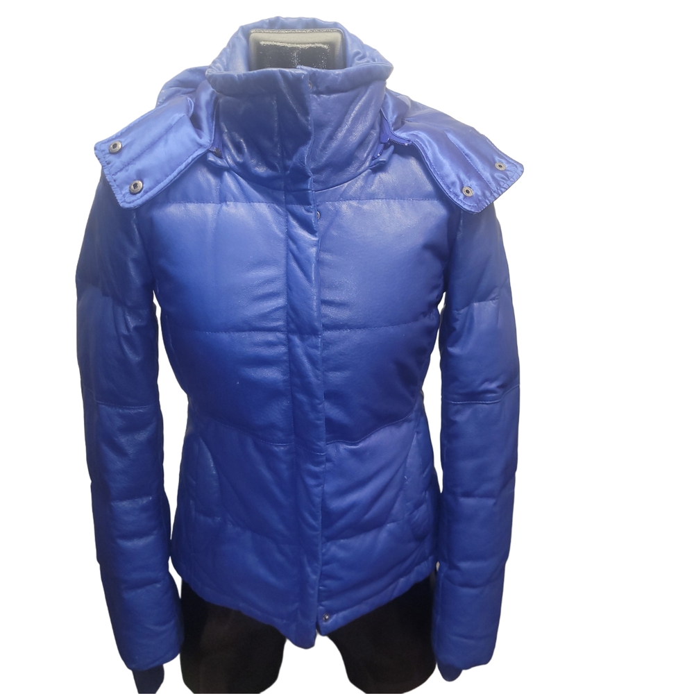 Danier Cobalt Blue Leather Down Quilted Puffer Jacket Size 2XS - Picture 2 of 10